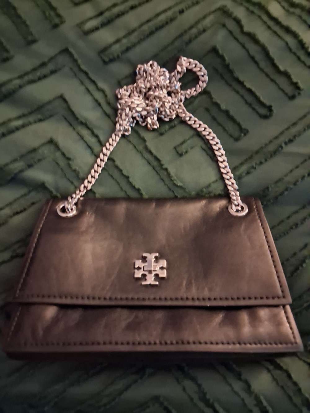 Tory Burch Black Leather Crossbody with Silver Chain